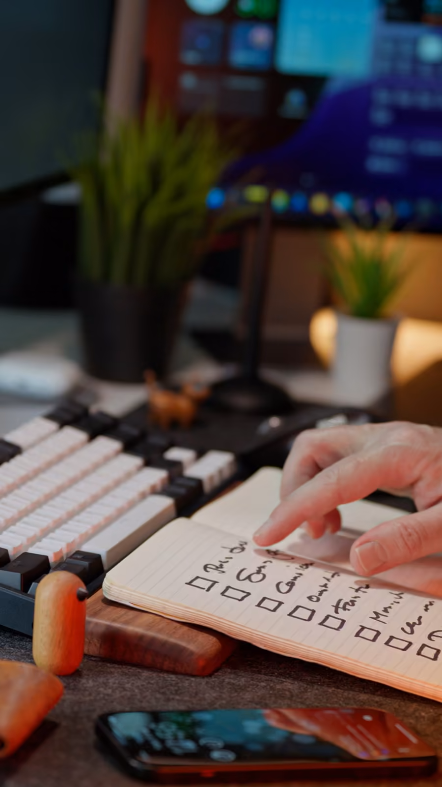 Hand pointing at a checklist next to a mechanical keyboard — the founder evaluating agency answers.