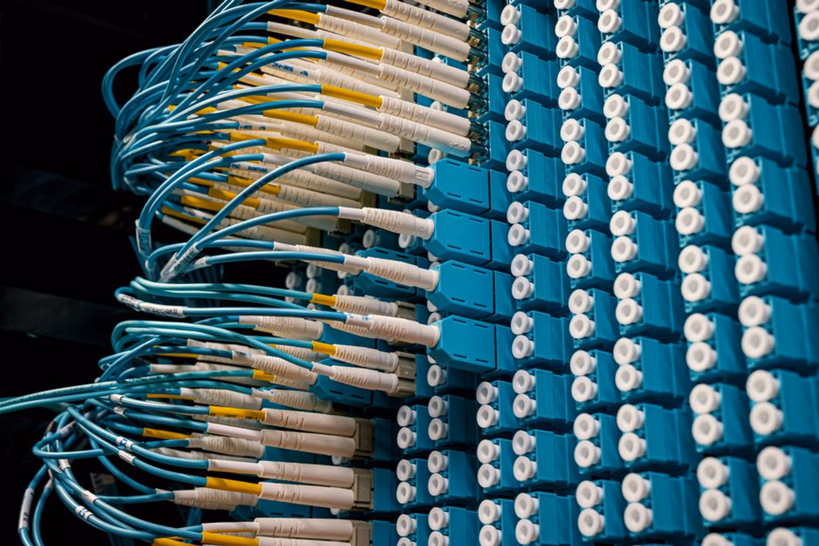 Abstract visualization of a data transfer network with nodes passing structured packets between connections