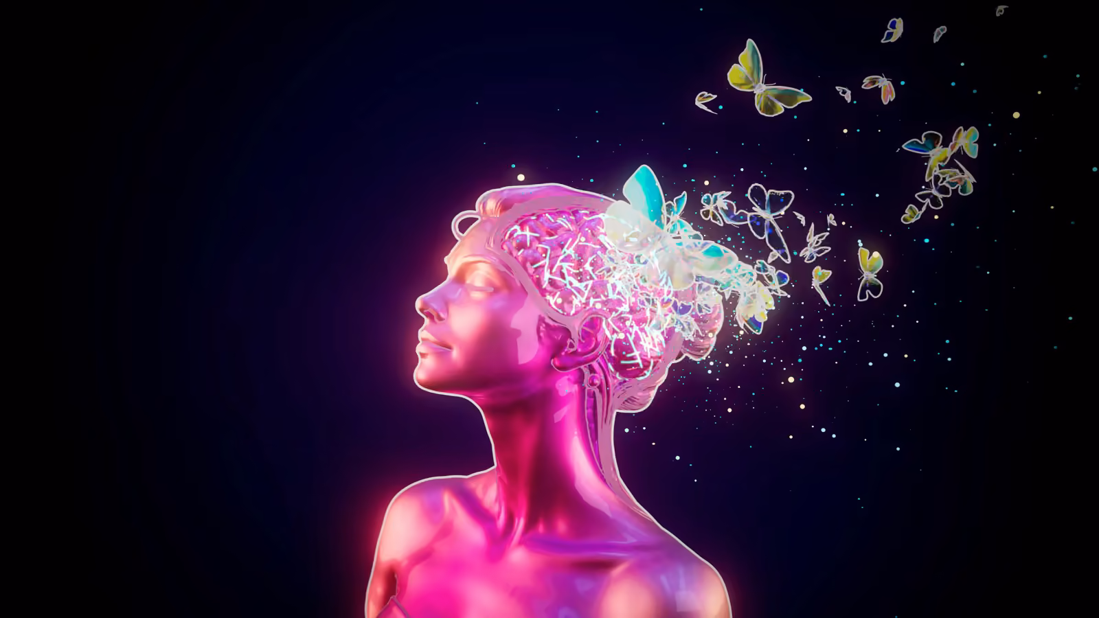A pink AI sculpture with butterflies emerging — the visual of AI as augmentation, not replacement.
