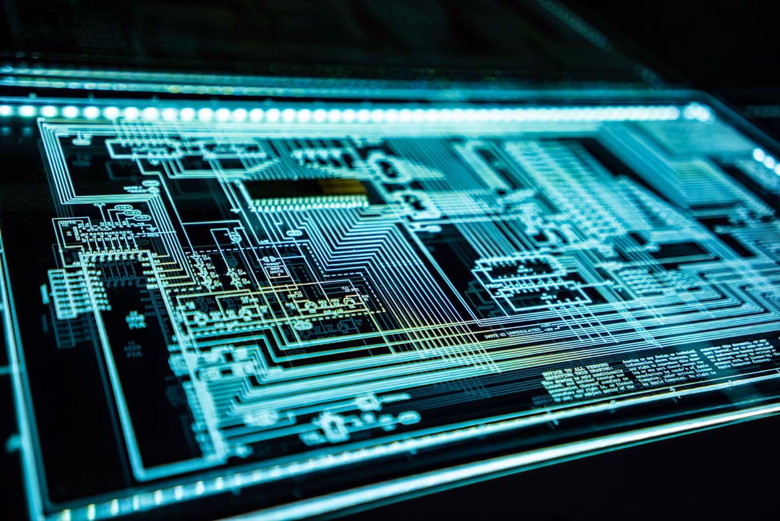 Detail of a teal circuit board — the architectural feel of stack-decision work.