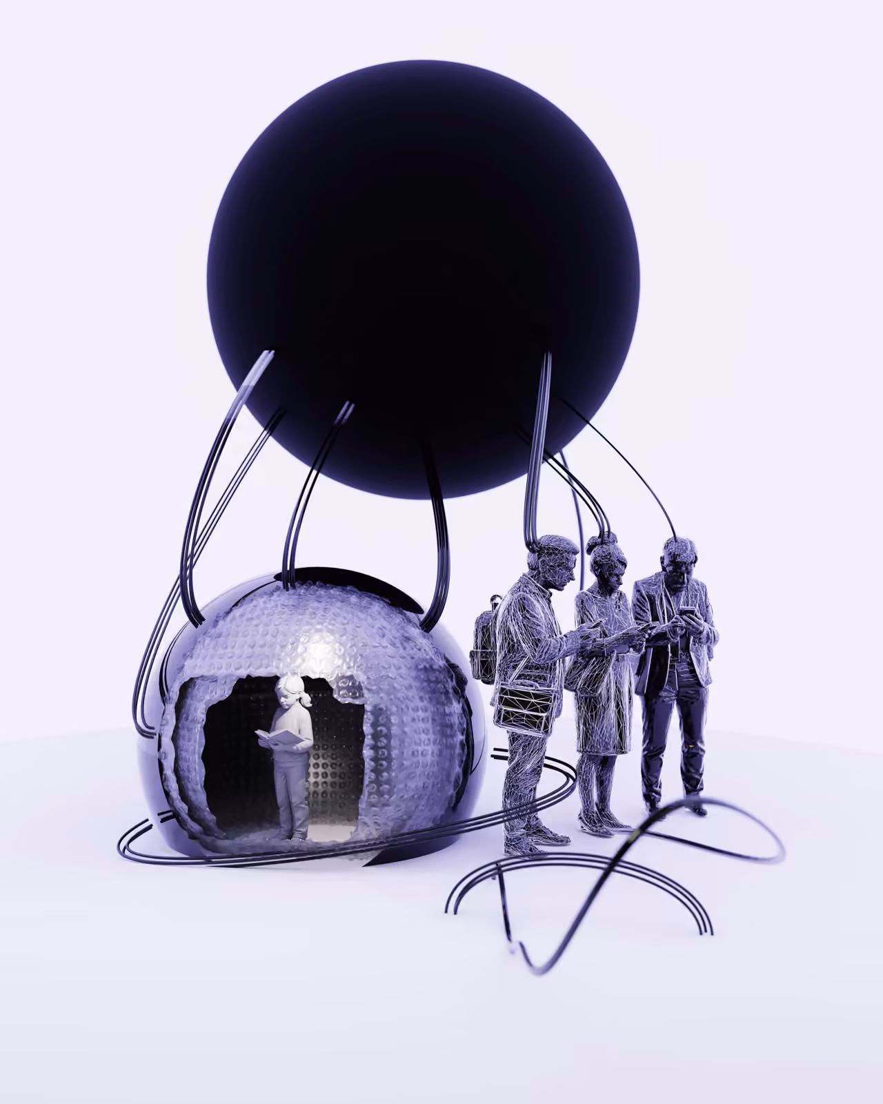 An abstract sphere with figures connected by wires — the visual of a coordinated pipeline.